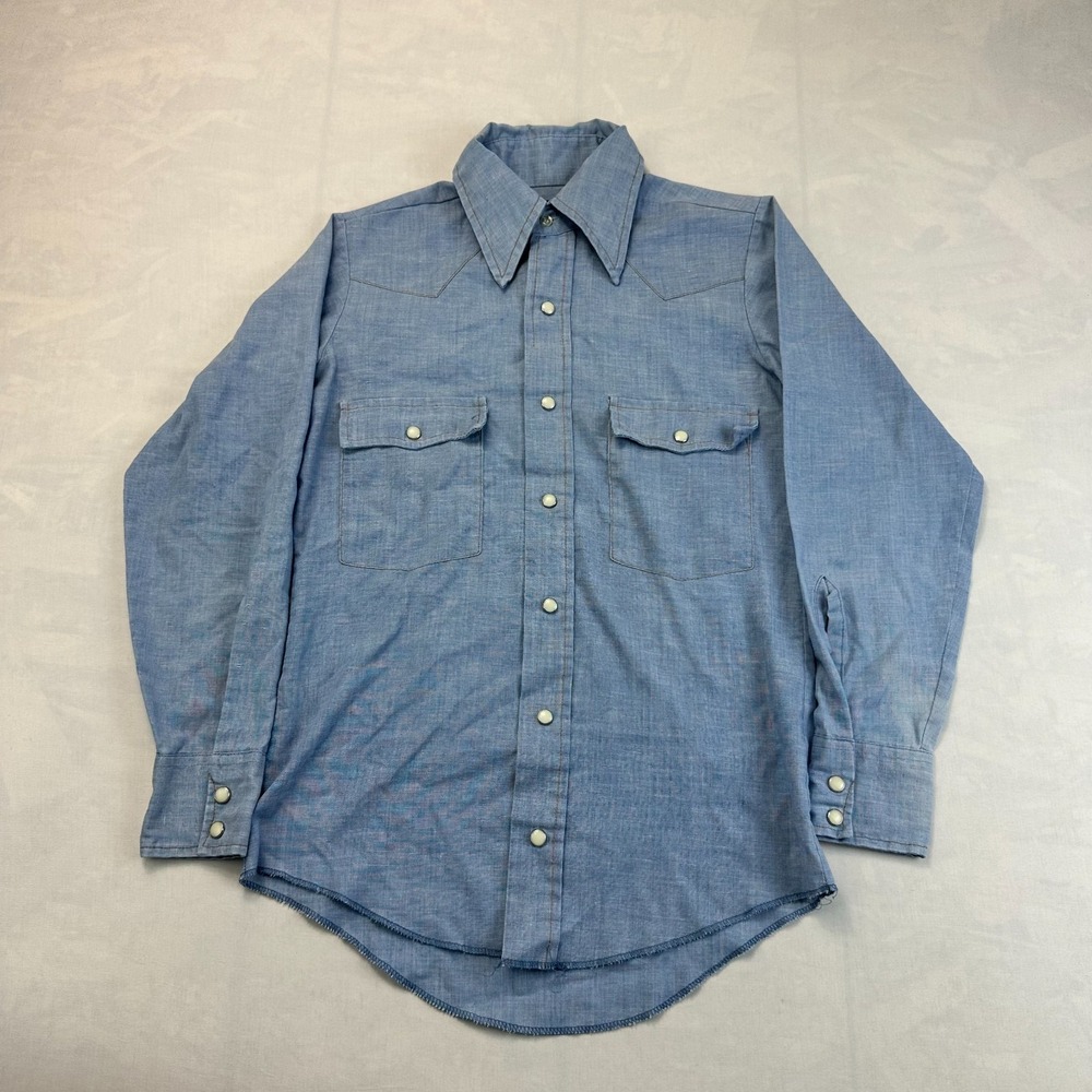 Vintage Wrangler Western Small Shirt Mens Blue Cowboy Long Sleeve Pearl Snap